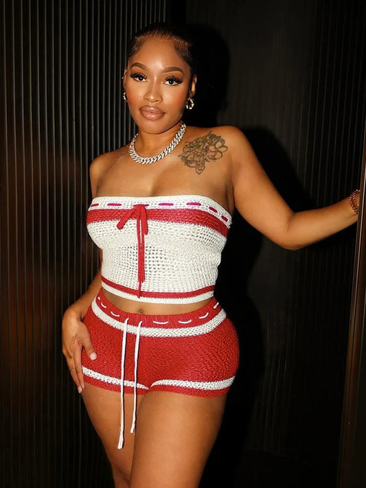 Crochet 2 Piece Set Women Hollow Beach Vacation Shirring Strapless Tops + Contrast Shorts Matching Tight Stretch Suits