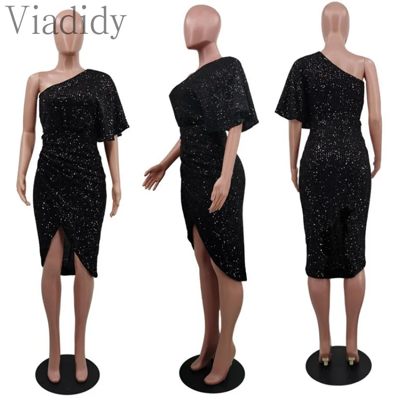 One Shoulder Short Sleeve Sequined Wrap Dress
