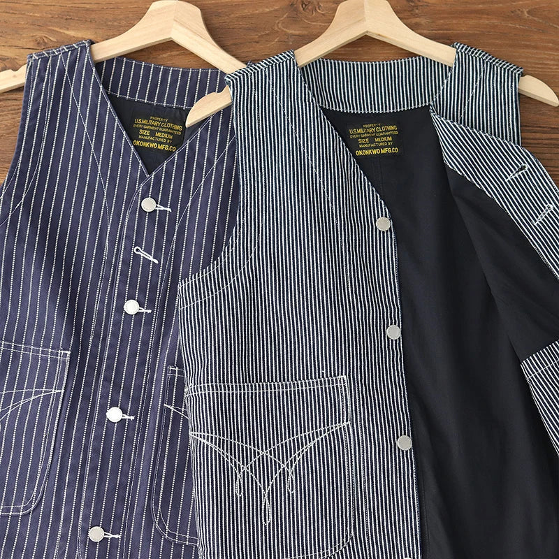 2024 Autumn New American Retro 12OZ Denim Cargo Vest Men's Simple 100% Cotton Washed Old Casual Multi-pocket Waistcoat Jacket