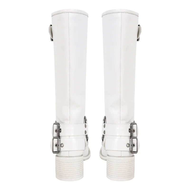 Women Gothic Black Round Toe Knee High Boots Heeled Metal Rivet Buckle Fashion 2023 Autumn Motorcycle Boots