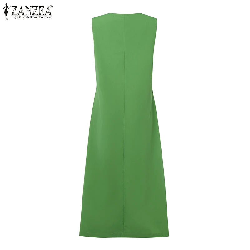 2025 Women Summer Sundress Elegant Work OL Midi Dresses V Neck Sleeveless Solid Dress Fashion Buttons Down Robe Plus Size