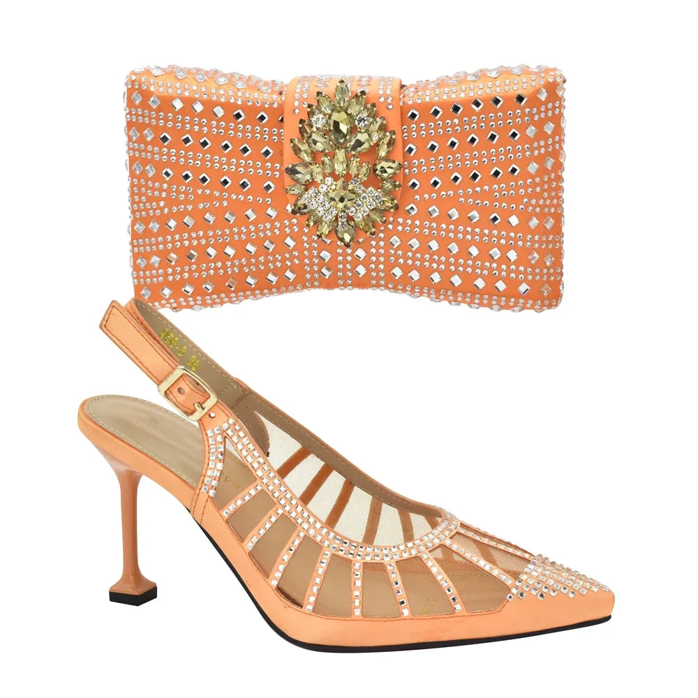 2025 Italian Shoes and Bags Matching Set Decorated with Rhinestone Plus Size Heels