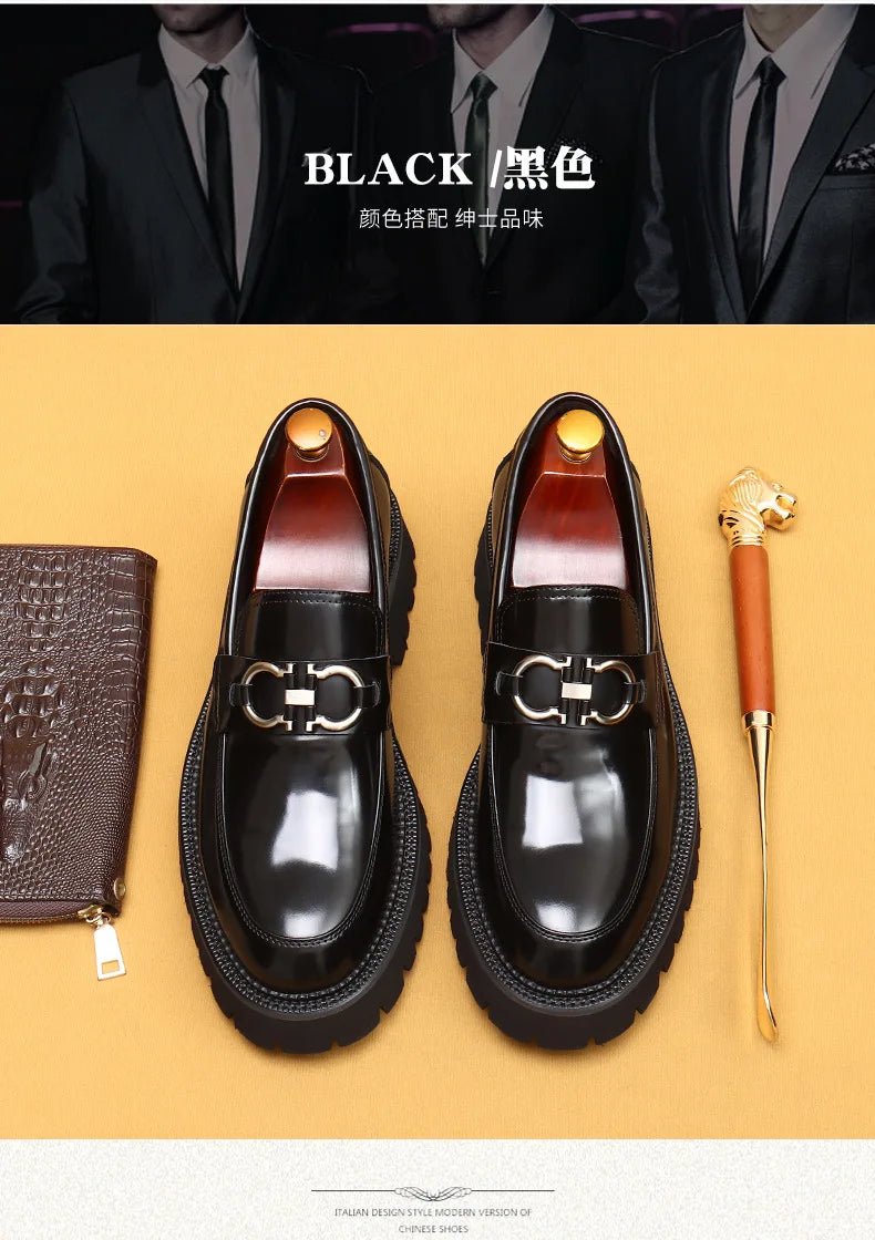 Cow Leather British Loafers Men Glossy Leather Business Casual Heightening Shoes - Non-Slip Tire Soles Dress and Round Toe Shoes