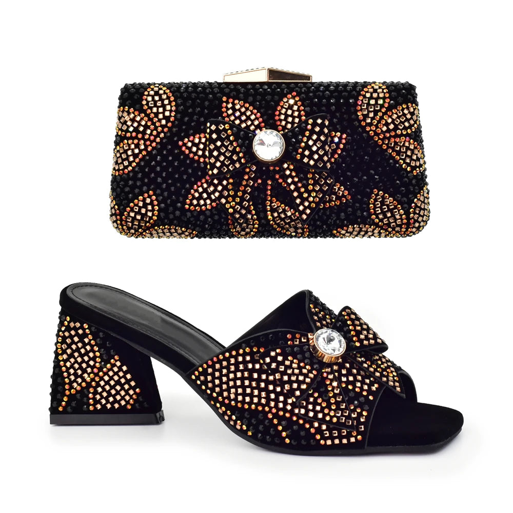 Nigeria Popular Design African Ladies Shoes and Bag Set Decorated with Rhinestone Wedding Shoes Bride Peep Toe Low Black Heels