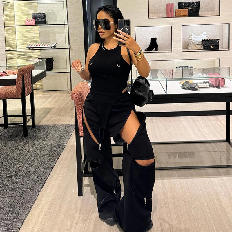 Zip Hollow Pants Street Fashion Trend Casual Sportief Effen Chic Devise Onregelmatig Basic Hipster Wijde Broeken Voor Vrouwen