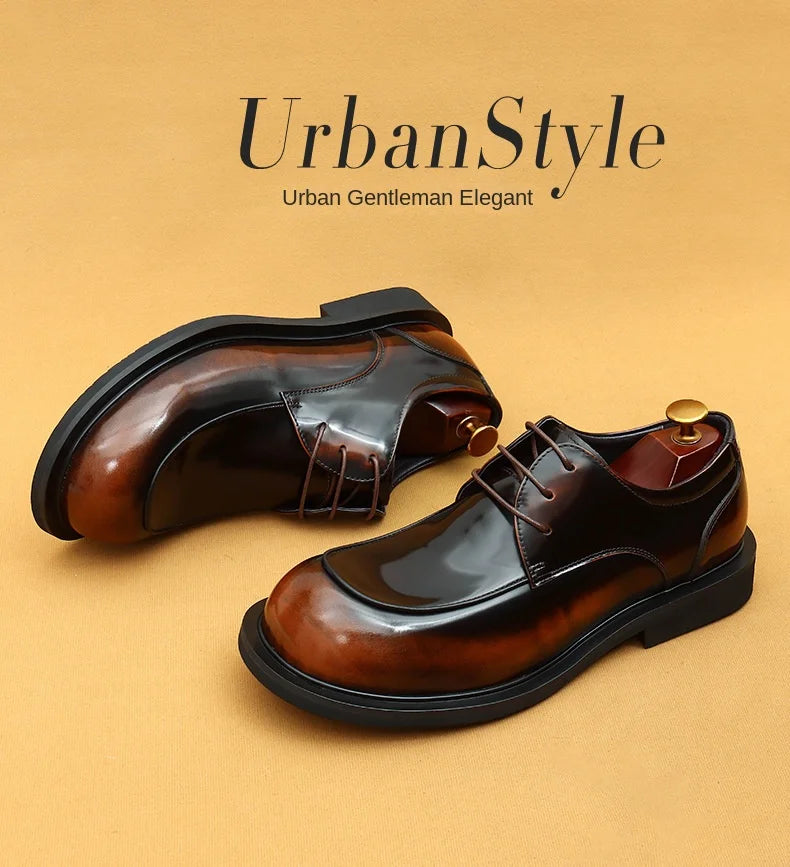 Men's business lace up casual leather shoes British big toe shoes cowhide patent leather round toe derby shoes Retro men's shoes