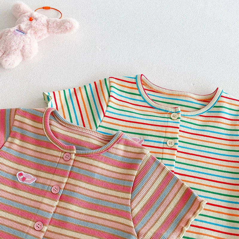 New Summer Girls Colourful Striped Cardigan Kids Short-Sleeved Knitted Sweater Children Cute Lace Bow Jeans 0-5Y Girls