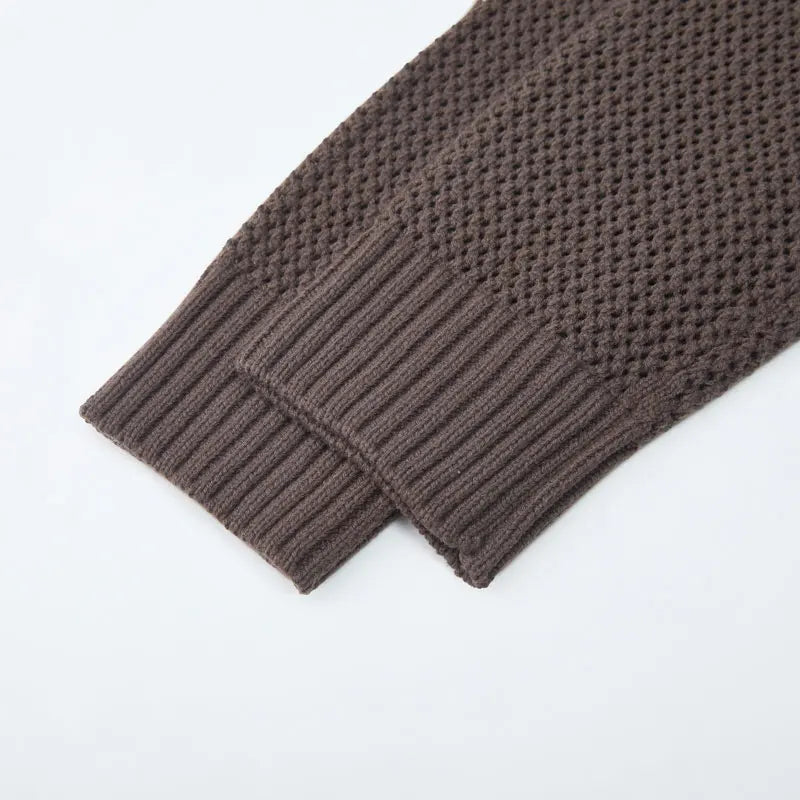 Men's Autumn/Winter Colour-Block Striped Polo Collar Knitted  High Quality Hollow Out Cardigan With 60% Cotton