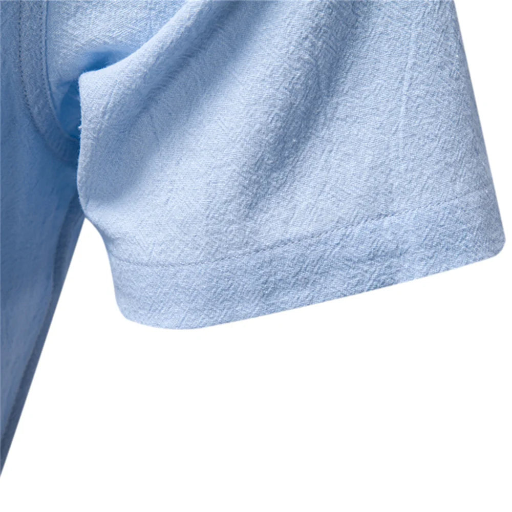 Men's Short Sleeve Solid Colour Linen Shirt Turn Down Collar Casual Summer Breathable Comfort Shirts for Men‌