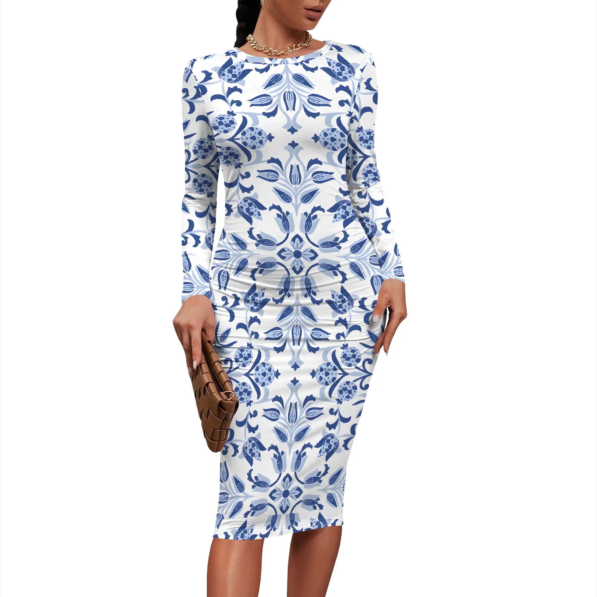 Women's 2025 Summer Dress Ruched Long Sleeve Crew Neck Midi Dress Elegant Bodycon Basic Casual Dresses