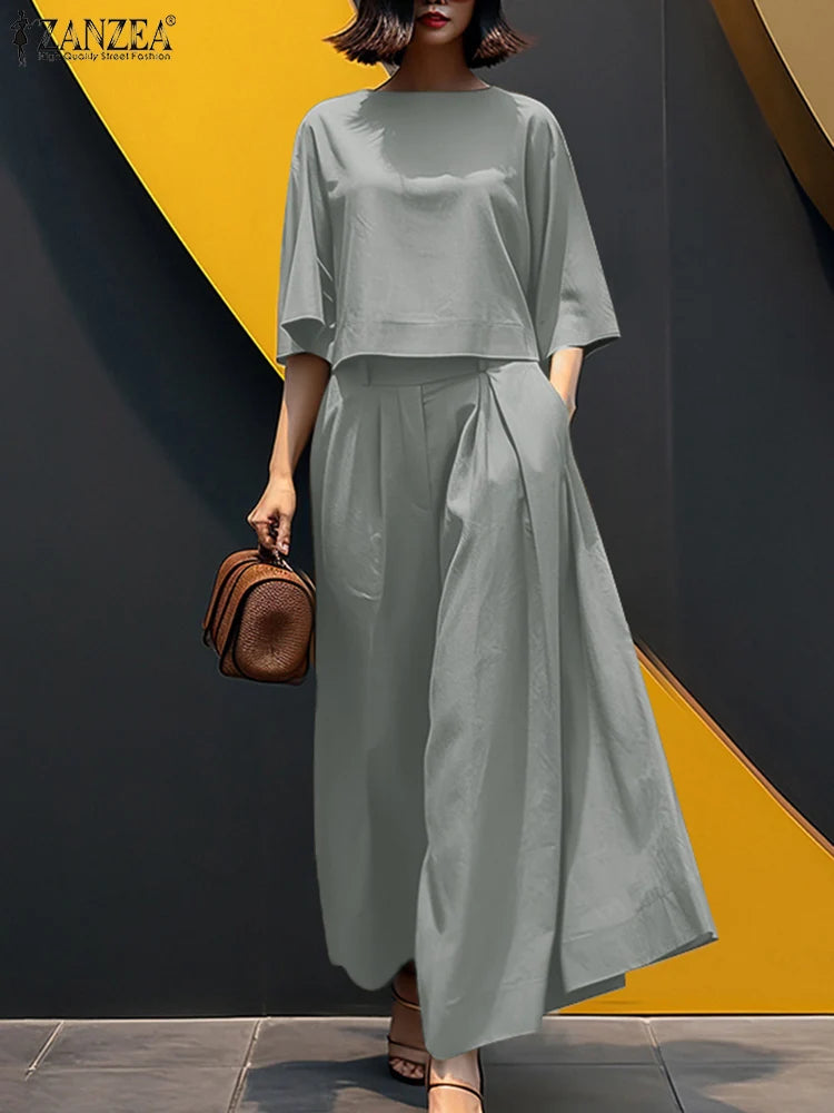 Women Causal 2PCS Pant Sets Loose 3/4 Sleeve Tops Wide Leg Pants 2-Pieces Outfits Solid Colour Fashion Commute Tracksuits