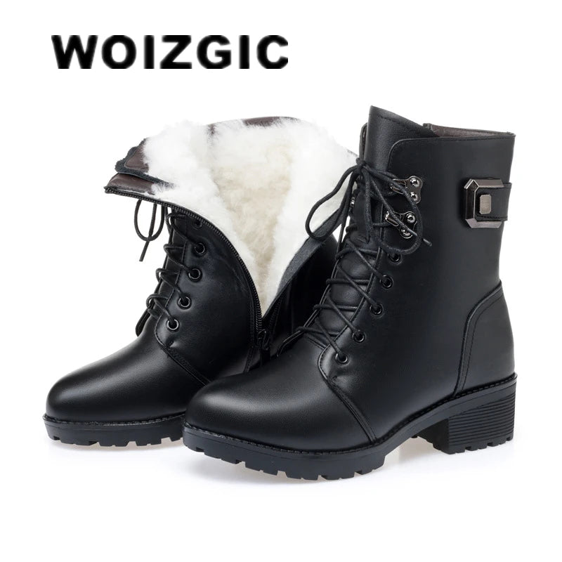 Female Ladies Women Genuine Leather Ankle Boots Platform Winter Autumn Plush Fur Warm Shoes Plus Size Lace Up 35-43