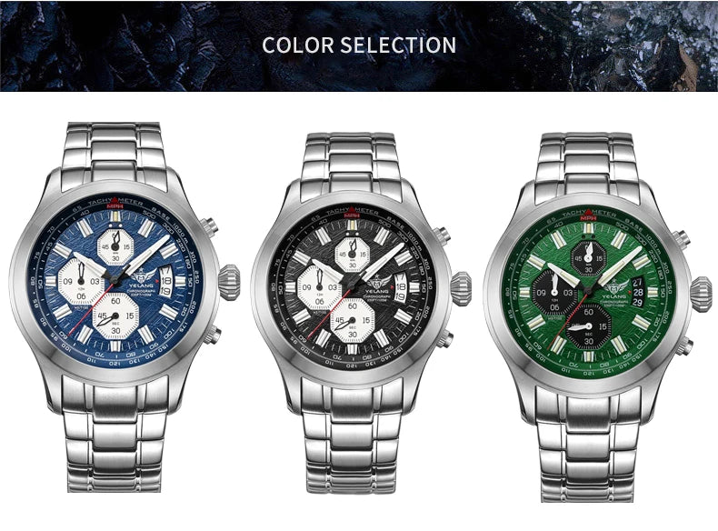 Yelang Men's Three Eyes Six Needles Japan OS00 Movement 100M Water Resistant Waterproof Diving Stainless Steel Quartz Watch