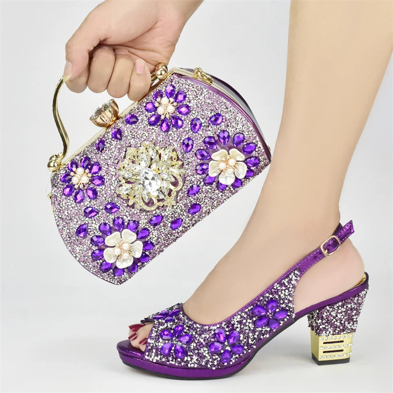 Italian Women Wedding Shoes and Bag Set Decorated with Rhinestone Africa Shoe and Bag Set Plus Size Heels 43 Wedding Shoes Bride