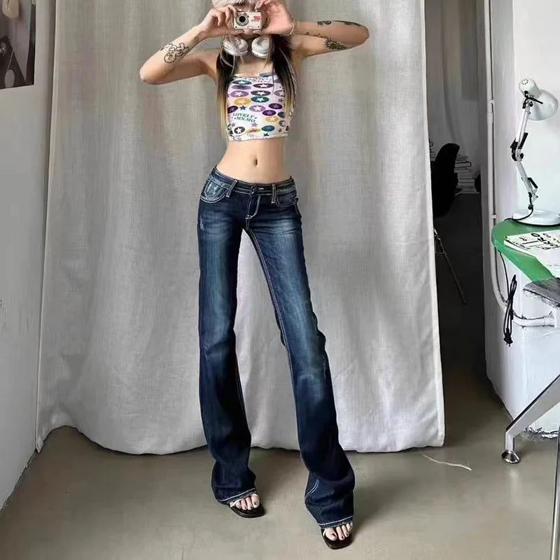 Retro Blue Low Rise Flare Jeans for Women Korean Slim Fit Elastic Denim Pants Woman Streetwear Hot Girl Y2K 2000S Jean Trousers