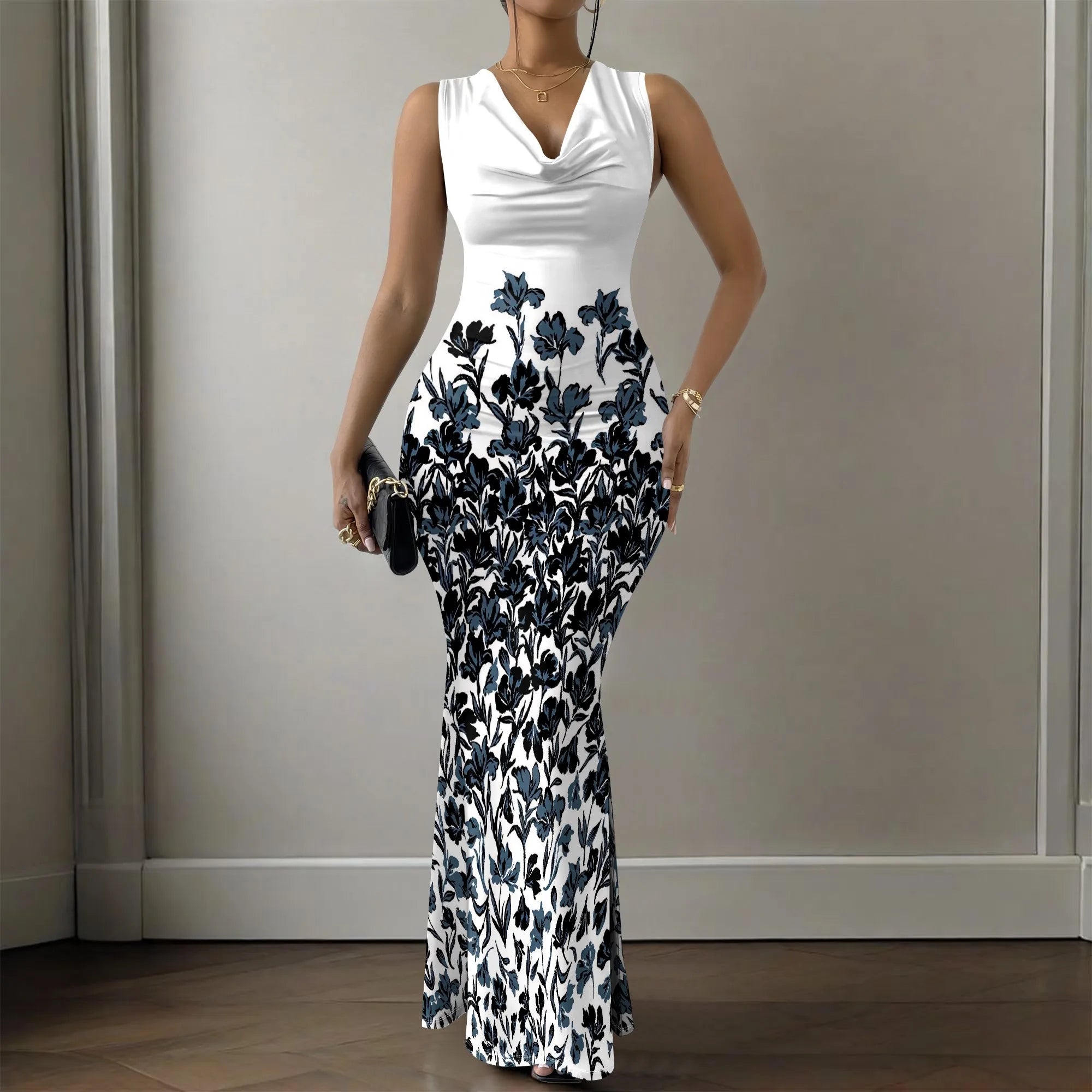 Women's V-Neck Sleeveless Maxi Dress Purple Sketch Floral Print Elegant Bodycon Summer Party Dress