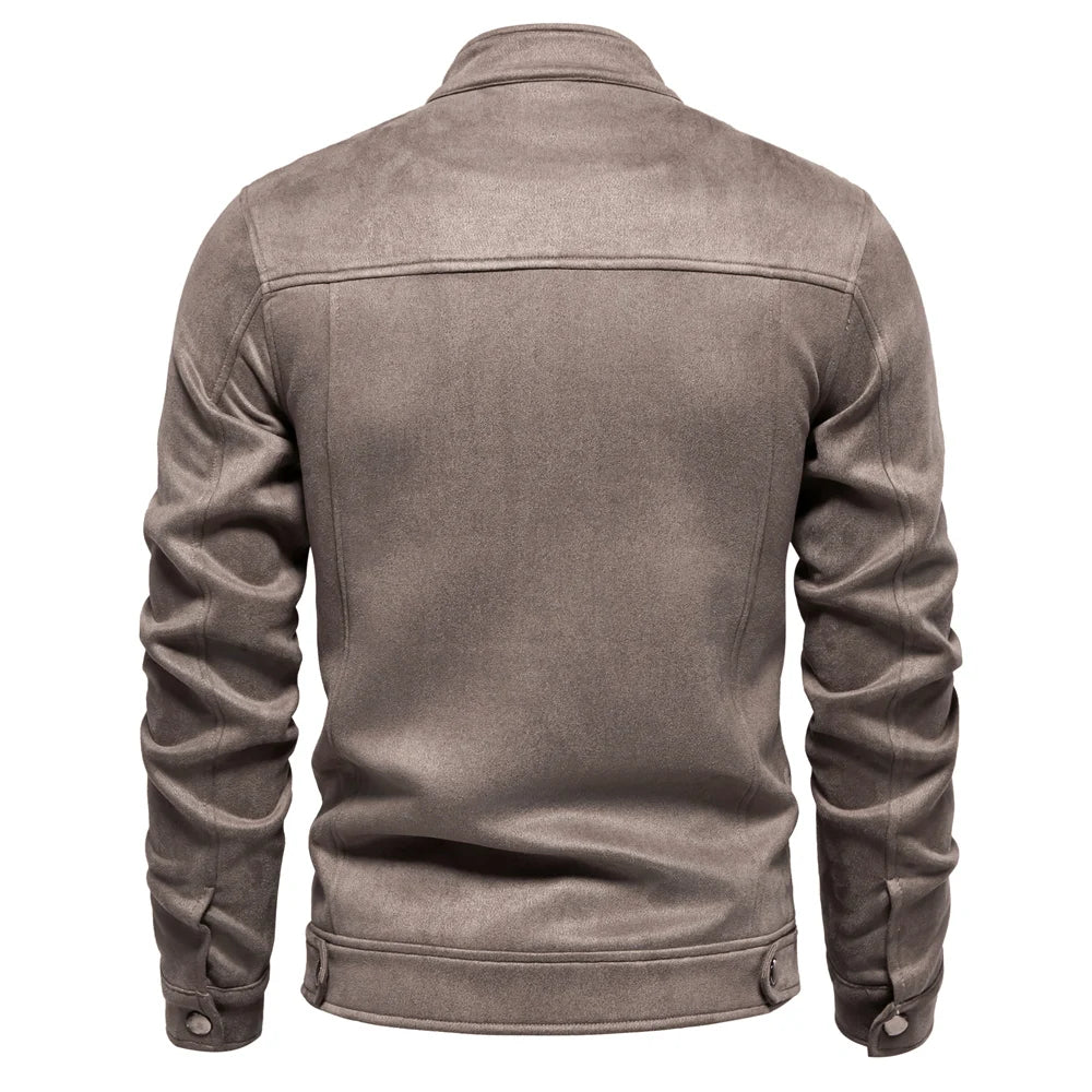 Men's Stand Collar Zip Suede Jacket Fashion Casual Business Faux Leather Trucker Jackets Coat for Men