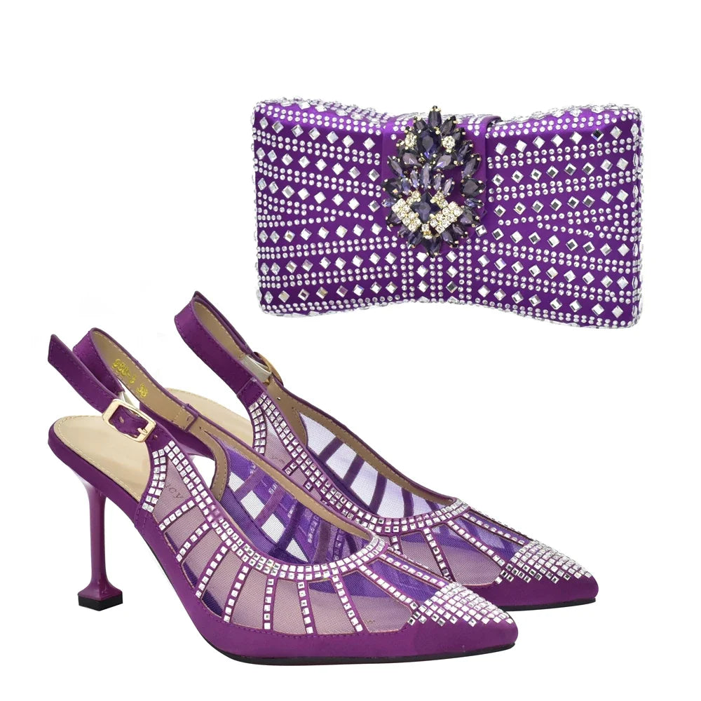 2025 Italian Shoes and Bags Matching Set Decorated with Rhinestone Plus Size Heels