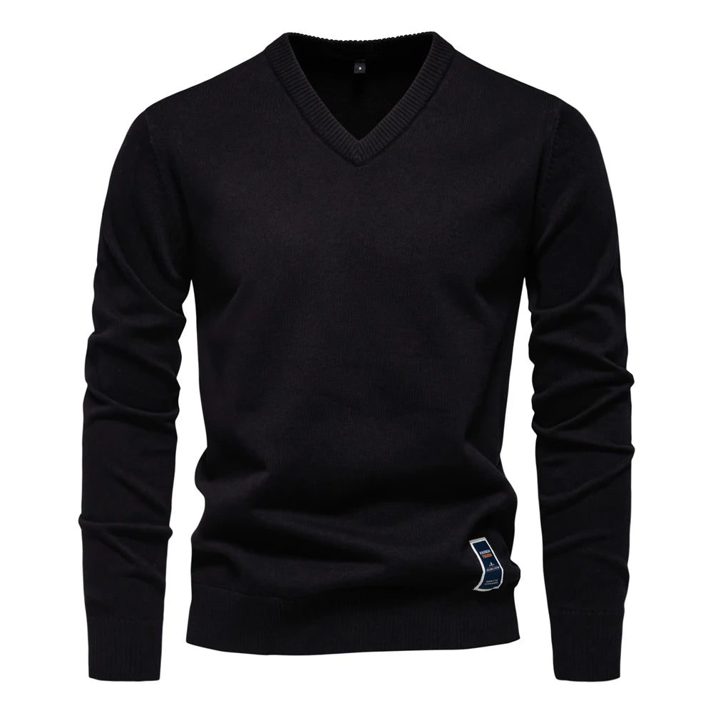 Men's V-neck Solid Cotton Pullover Sweaters Long Sleeve Casual Social Knitted Sweaters for Men