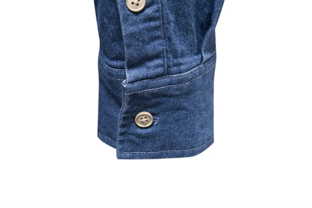 Men's Autumn Cotton Denim Shirt Solid Colour Single Pocket Casual Long Sleeve Jeans Shirt for Men