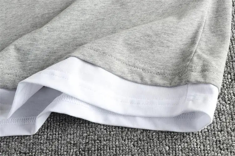 2025 Summer American Retro Short Sleeve V-neck Fake Two Pieces Solid Color T-shirt Men's 100% Cotton Washed Youth Casual Tops