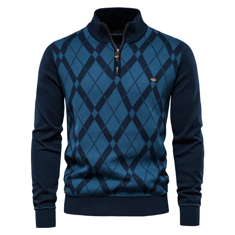 Men's Argyle Solid Colour Cardigan Casual Quality Zipper Cotton Winter Sweaters Basic Cardigans for Men