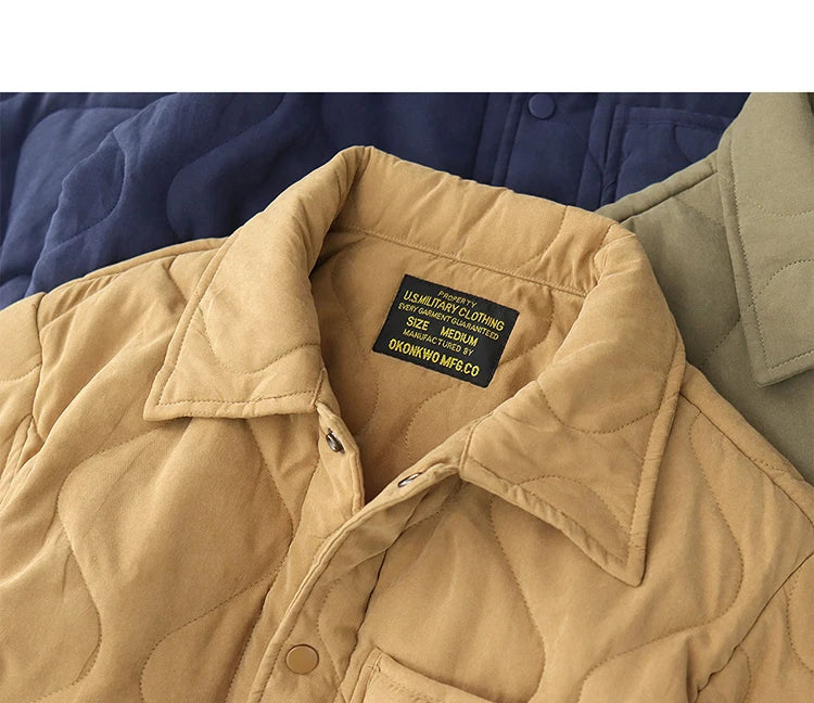 Winter New American Retro Langarm Revers Baumwolle gepolsterte Cargojacke Herren Einfacher dicker Innenliner Lässiger Mantel mit mehreren Taschen
