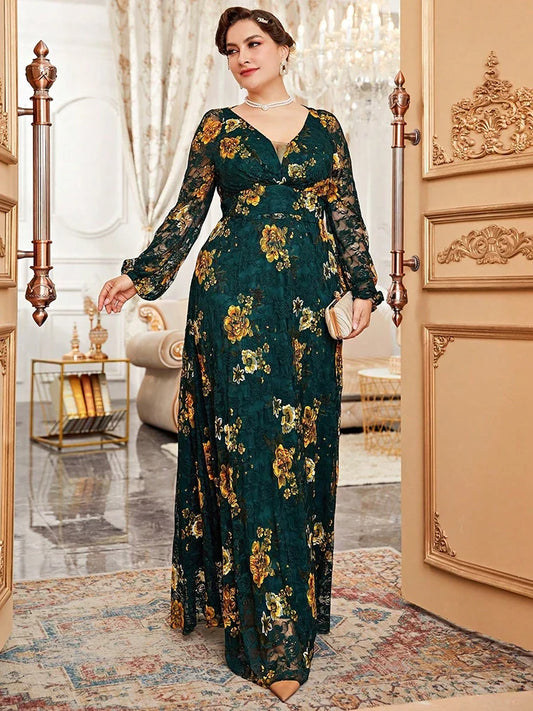 Spring Summer Lace Mesh Floral Print Lantern Sleeve Women Clothing 2024 New Plus Size  Luxury Elegant Party Evening Dress