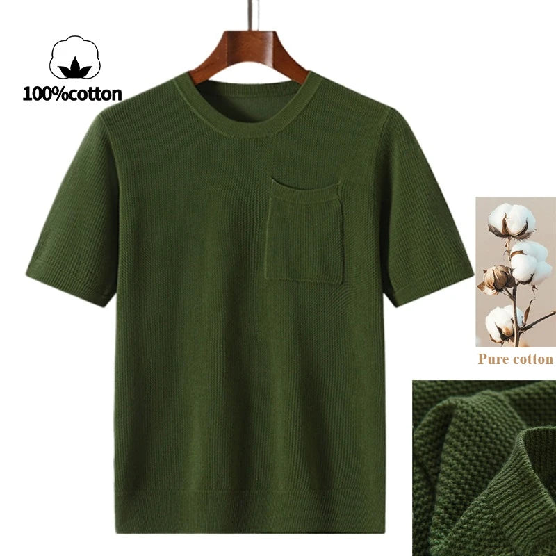 Men's 100% Cotton Pocket T-Shirt With Hollow-Out and Hollow O-neck Design, Breathable, Sweat-Wicking Daily Undershirt