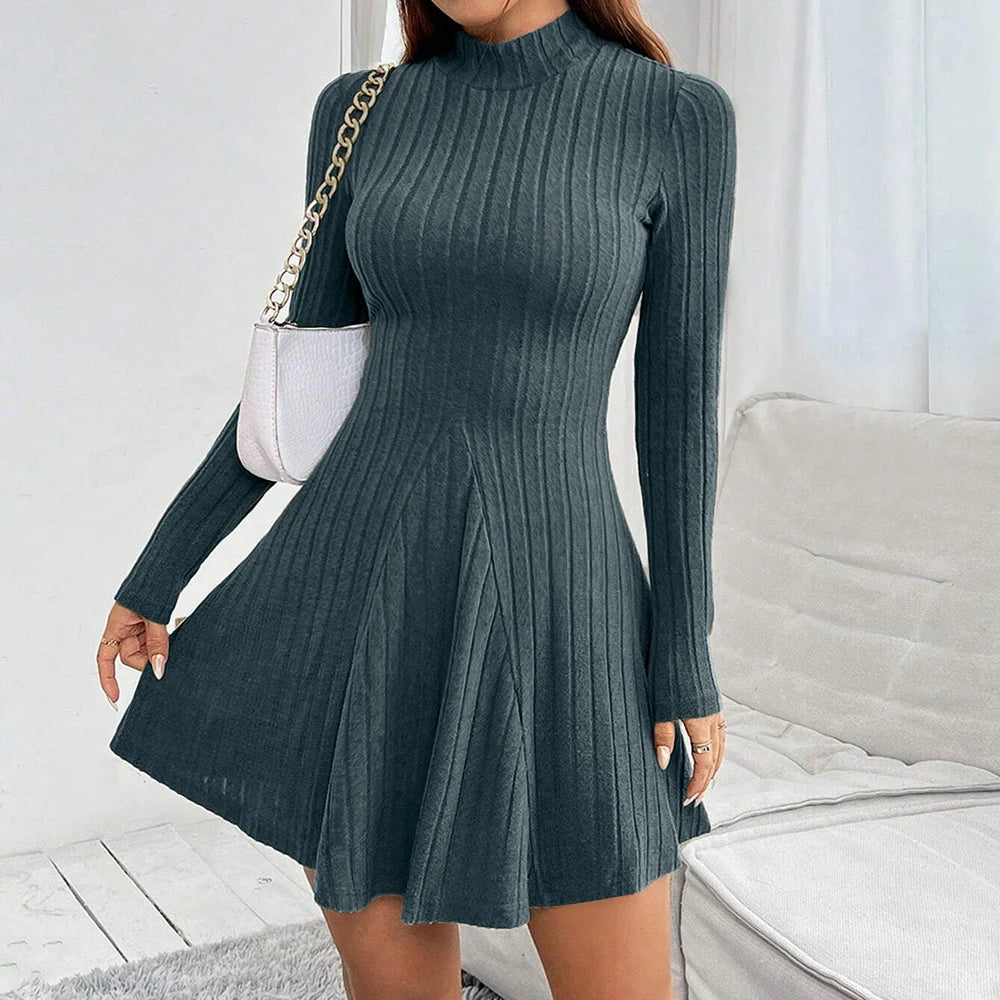 Women's Dresses Fall Winter Simple Solid Colour Long Sleeve Mock Neck A Line High Waisted Flare Hem Casual Short Dresses