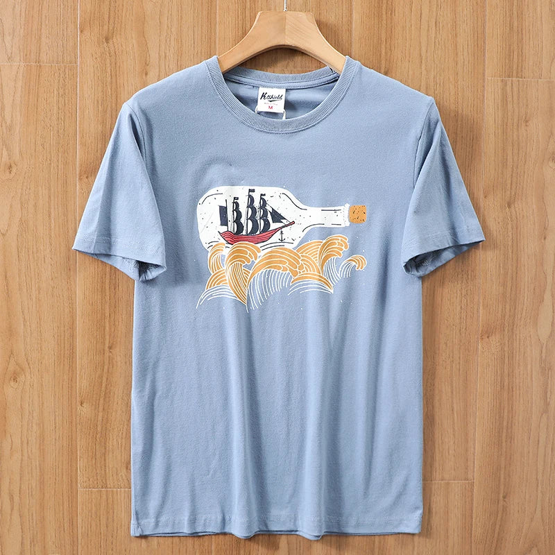2025 Summer New American Retro 250g Short Sleeve O-neck Printed T-shirt Men's Fashion 100% Cotton Washed Casual Loose Tops