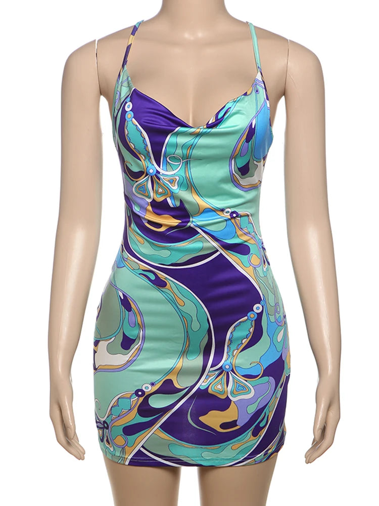 Women's Y2K Backless Dress Sleeveless Colorful Print Tight Mini Summer Sexy Clubwear High Stretch Polyester Spandex