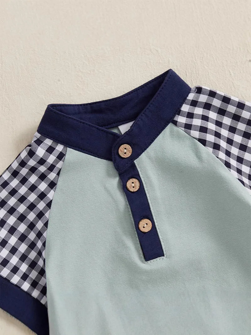 New Summer Kids Clothes Set Boys Girls Cute Patchwork Tops + Grid Short Children Casual Suit 2PCS 1-3Y Unisex