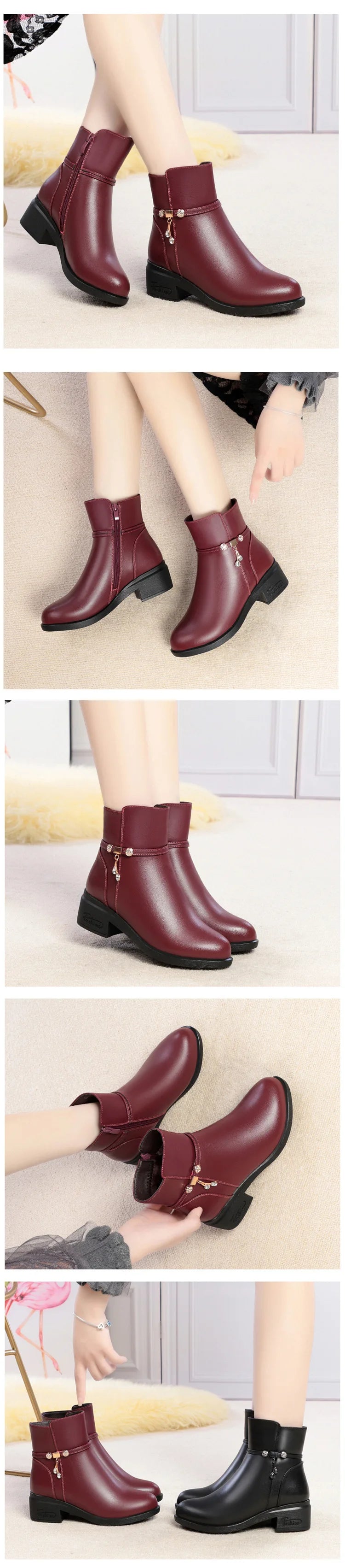 Women's Mother Female Genuine Leather Shoes Ankle Boots Winter Fur Plush Wool Warm Zipper