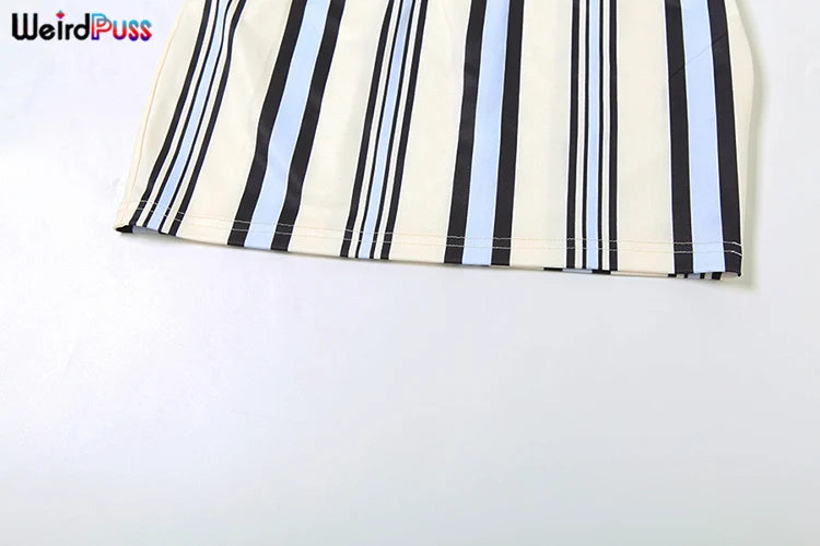 Stripe Print Women 2 Piece Set Summer Backless Low-Neck Halter Tank Tops + Skirts Fashion Vacation Streetwear Outfits