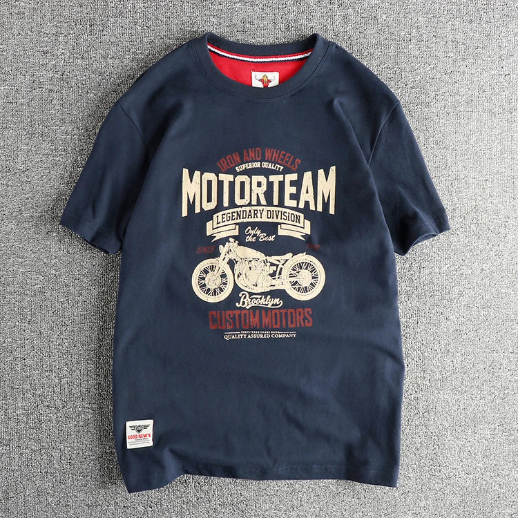 Summer American Retro Short Sleeve O-neck Letter Motorcycle Printed T-shirt Men's Fashion 100% Cotton Washed Casual Youth Tops