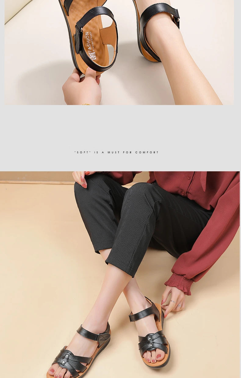 Women's Female Ladies Mother Genuine Leather Sandals Platform Shoes Non Slip Summer Cool Beach Hook Loop Plus Size 42 43