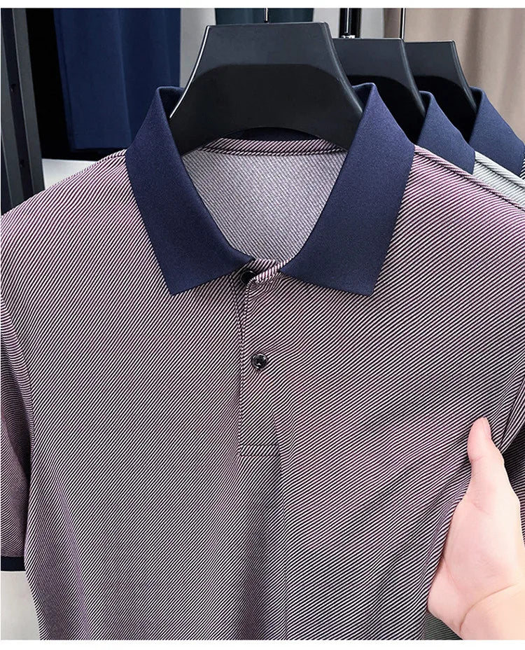 Men’s Breathable Polo Shirt – Stretch Fabric & Striped Design for Office/Casual Use Elastic Comfort and Classic Collar M-4XL