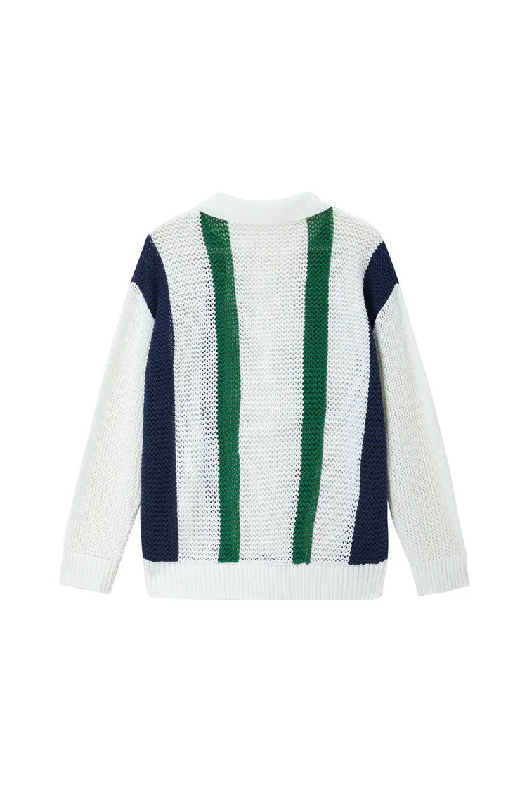 Men's Autumn/Winter Colour-Block Striped Polo Collar Knitted  High Quality Hollow Out Cardigan With 60% Cotton