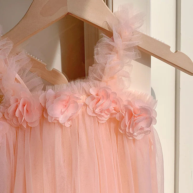 Summer Kids Sweet Mesh Dress Girls 6 Colours Suspended Floral Beach Skirt Children Tutu Princess Dress 1-6Y Girls