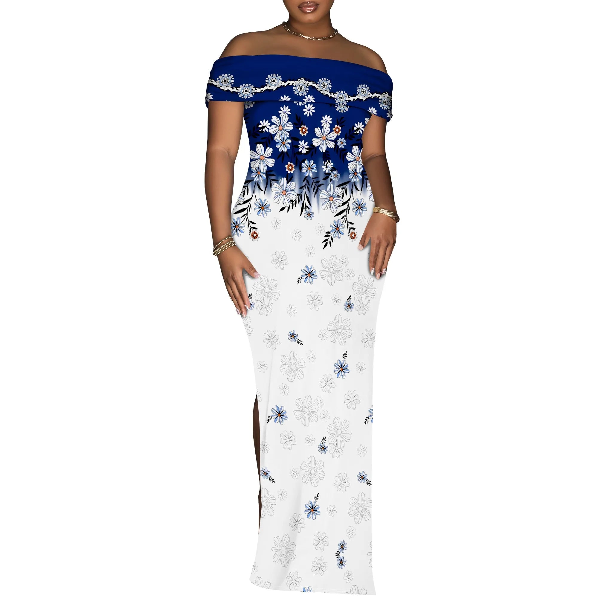 Elegant Off Shoulder Maxi Dress Ink Floral Print Bodycon Split Hem Summer Evening Look