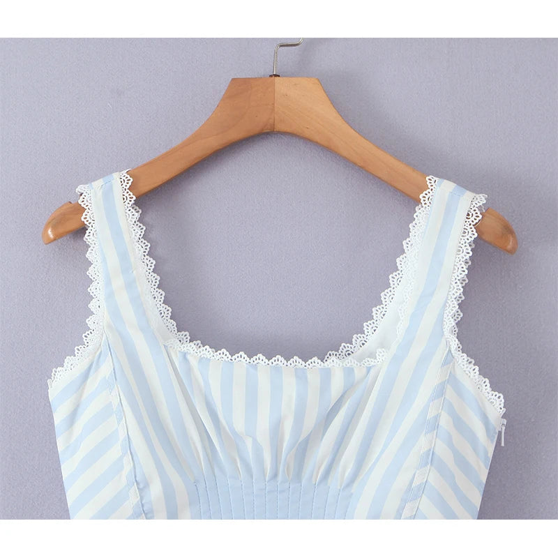 2025 Kanten gesplitste gestreepte korset camis dames kruis vetersluiting bandage rug vierkante hals zomer tanktop slim fit crop top