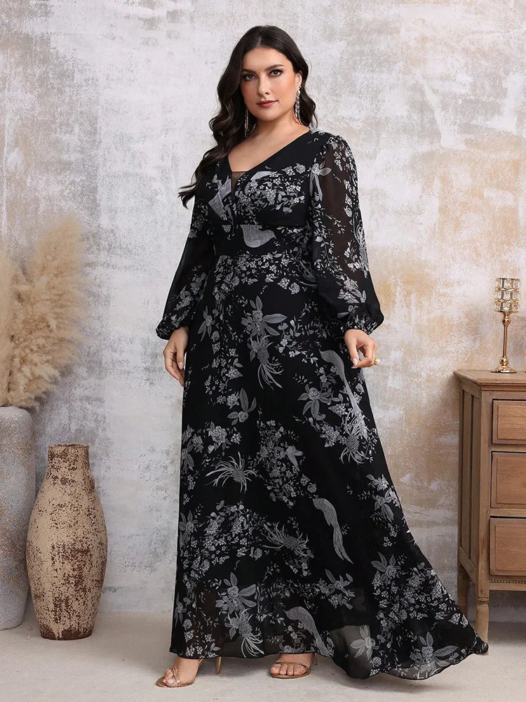 Women's Elegant Random Floral Printed Casual Plus Size Long Dresses With V-Neck Lace Mesh Suitable For Female Party and Evening Dresses