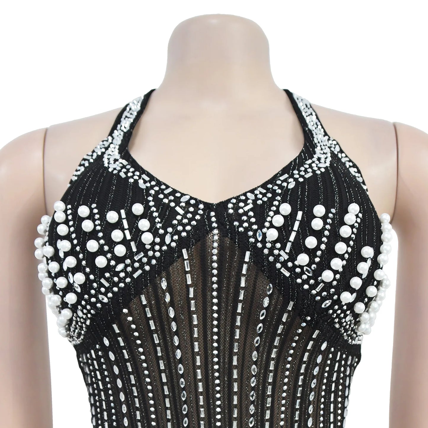 Women's Sexy Halter Sleeveless Backless Embroidered Flares Rhinestone Decor Floor-length Party Dress
