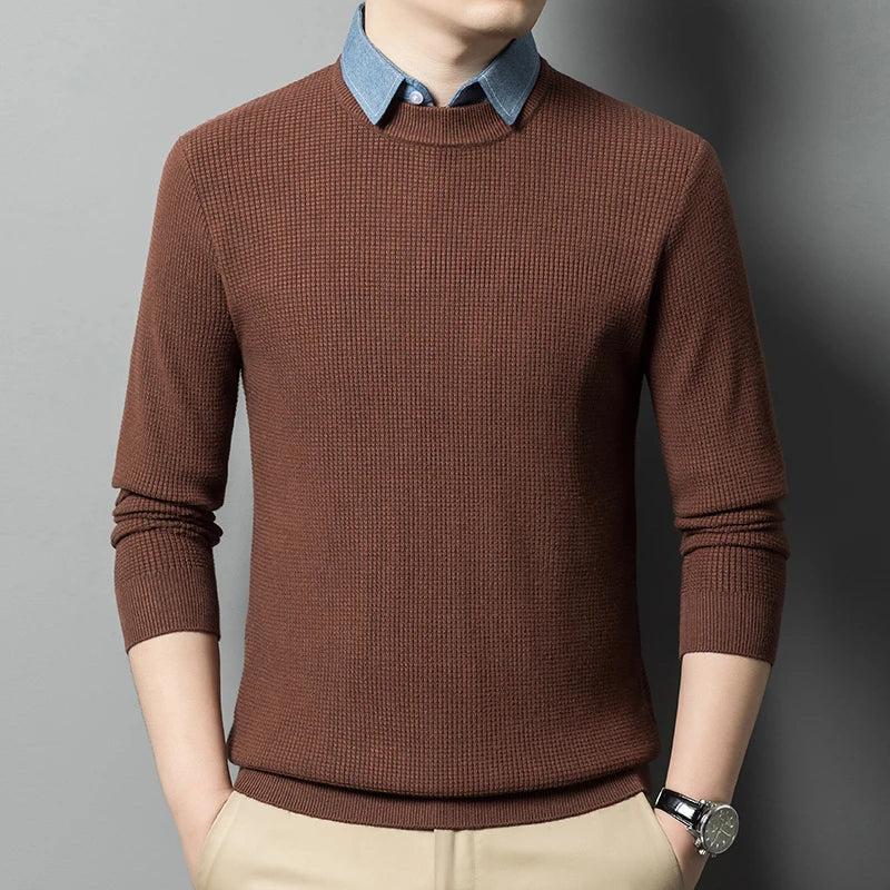 Men's Top Grade Fake Two Collared Fashion, Designer Knitted Pullover Sweater, Casual Brand Slim Fit Male Jumpers