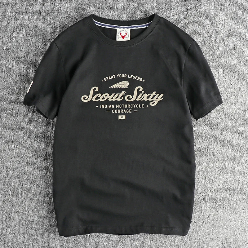 Zomer Nieuw Amerikaans Retro T-shirt met korte mouwen, ronde hals en Indiase letters, eenvoudig, 100% katoen, gewassen, casual, jeugdtops voor heren