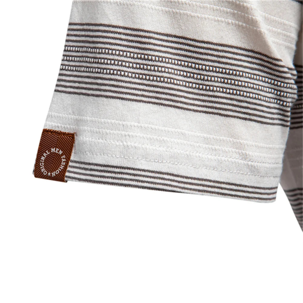 2025 New Summer Striped V Neck Cotton Polo Shirts for Men Breathable Short Sleeve Casual Knit Shirts Comfort Fit