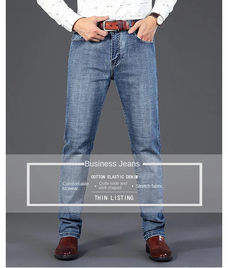 New Business Men's Jeans Casual Straight Stretch Fashion Classic Blue Black Work Denim Trousers Male Brand Clothing