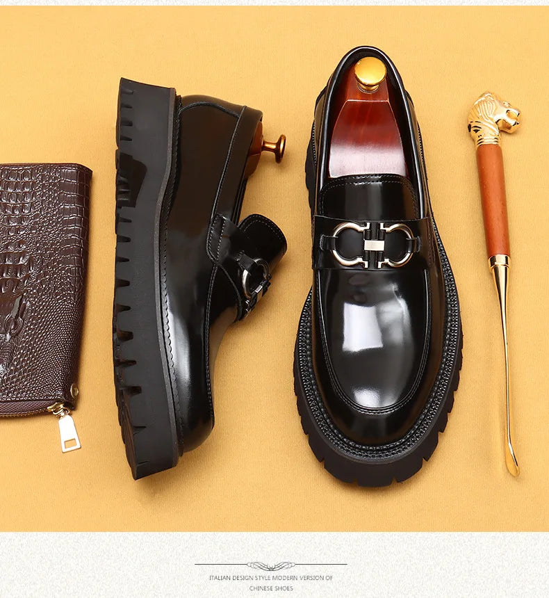 Cow Leather British Loafers Men Glossy Leather Business Casual Heightening Shoes - Non-Slip Tire Soles Dress and Round Toe Shoes