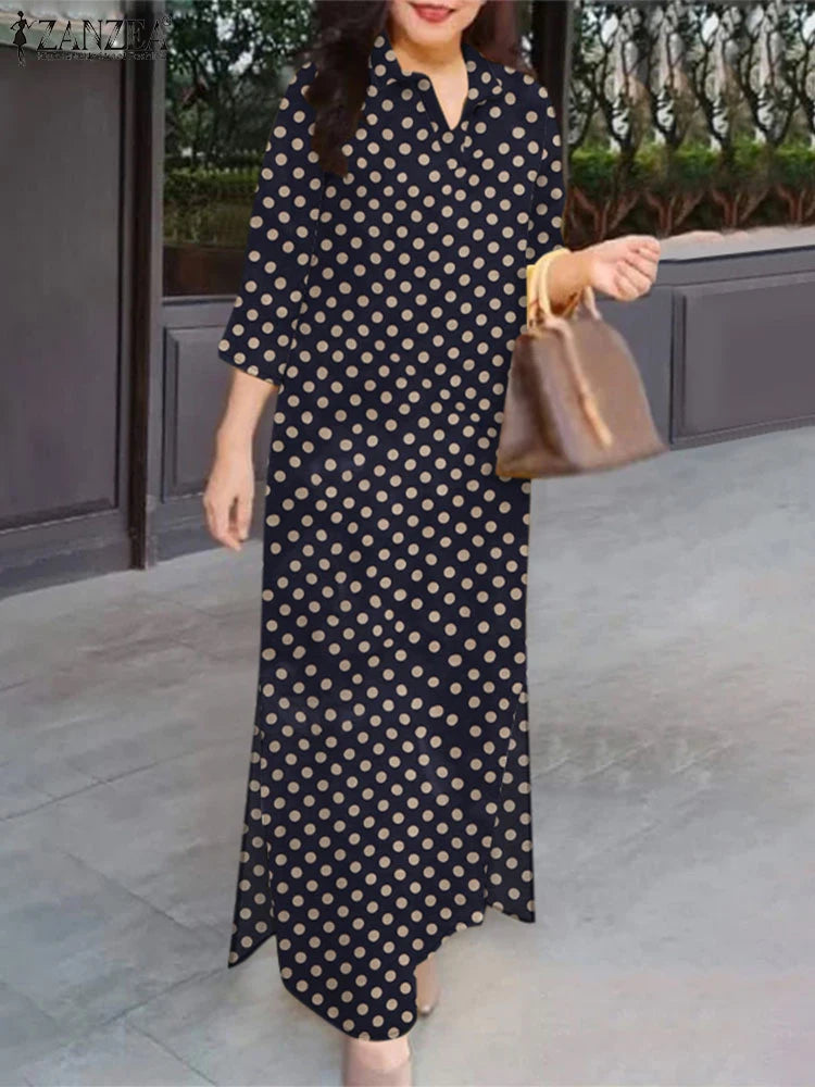Polka Dot Vintage Shirtdress Women 2025 Autumn Loose Casual 3/4 Sleeve Turn-down Collar Vestidos Holiday Maxi Dress